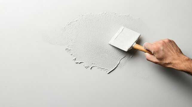 A hand applies filler to a wall with a smoothing tool