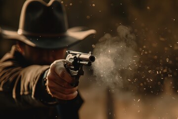 A close-up shot of a cowboy firing a revolver in a western setting with a blurred sunset background, A shooter's stance captured mid-shot