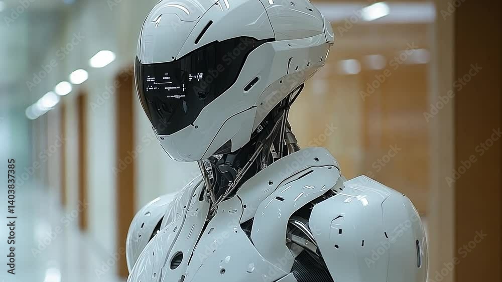 Poster This humanoid robot with a futuristic design is displayed in a contemporary corridor. Exoskeleton