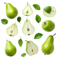 Juicy Green Pears Sliced and Whole with Leaves