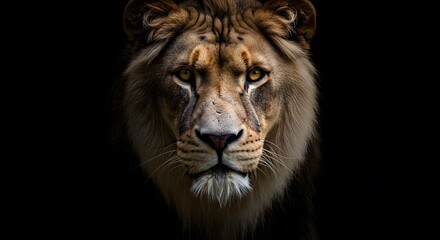 Fototapeta premium Intense Close-Up of Lion Approaching in Dark Mysterious Light