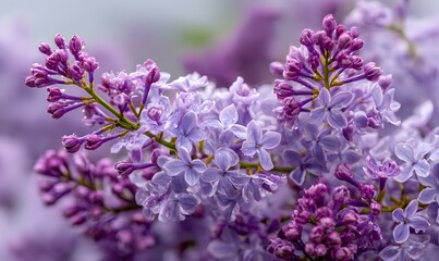 Obraz premium A close up view of vibrant purple lilac flowers with water droplets on the petals and buds in bloom