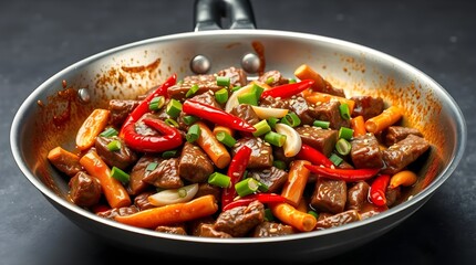 Spicy Szechuan Stir-Fry with Red Chilies, Garlic, and Beef in a Wok