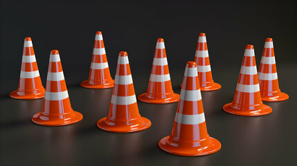 A group of orange and white striped traffic cones arranged on a dark gray reflective surface scene render