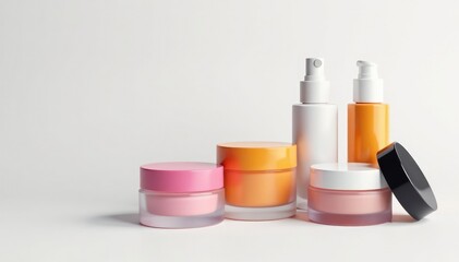 Various cosmetic containers on white backdrop , backdrop, arrangement, packaging