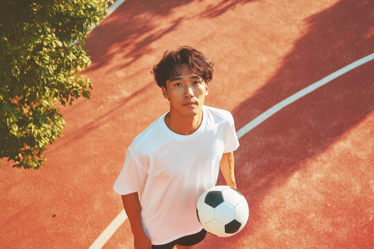 A young male soccer player holding a ball on a colorful court, showcasing determination and passion for the game. - Powered by Adobe
