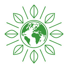 Eco energy icon: planet with leaves and sun rays