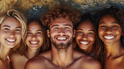 Fototapeta premium Five diverse individuals smiling brightly for the camera together