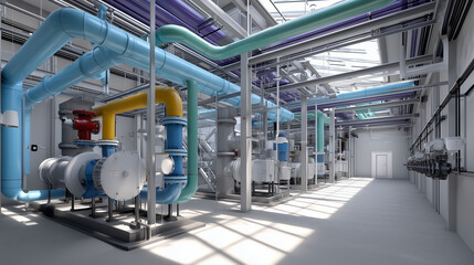 Water Treatment Plant with Industrial Pipes, Tanks, and Control Systems. Color-Coded Pipes, Filters, and Pumps.