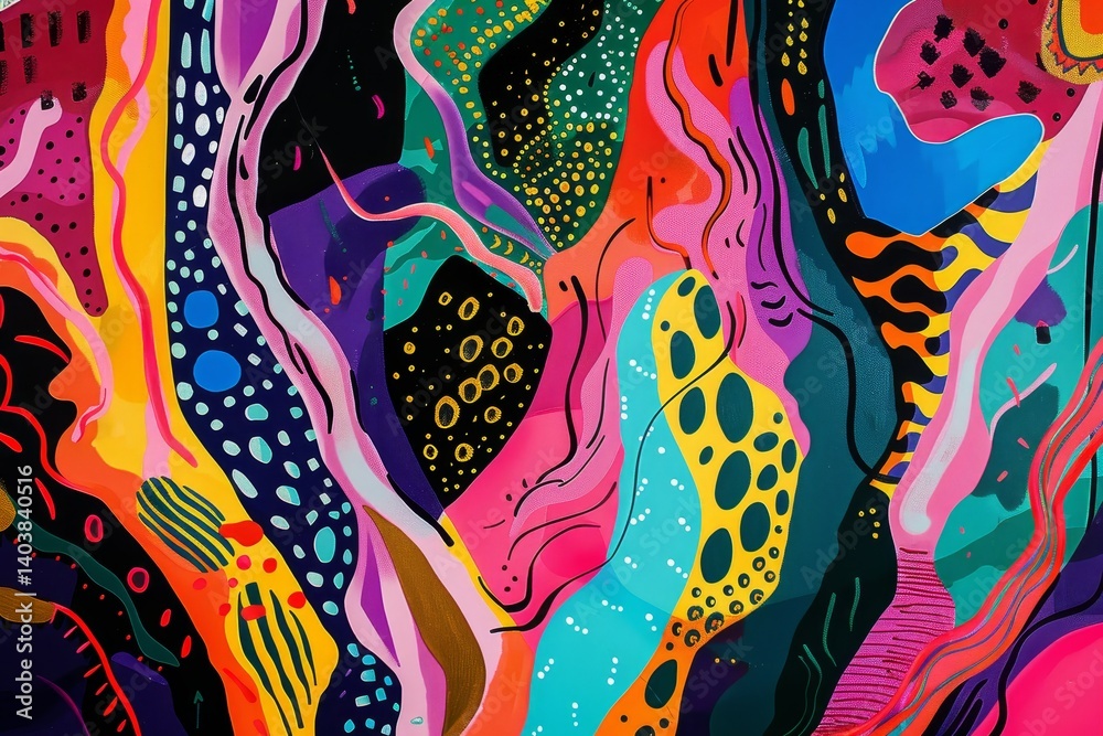 Poster an abstract digital artwork with vibrant colors and patterns reminiscent of a laptop screen display,