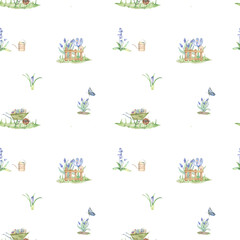 Watercolor seamless pattern with garden flowers: crocus, tulip and other flowers. Spring garden.