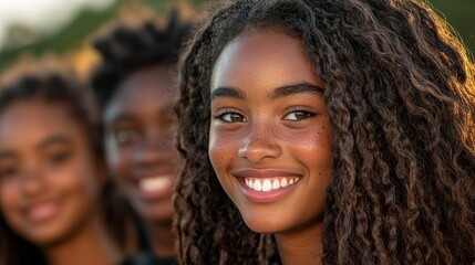 Fototapeta premium Three smiling young people looking at the camera happily together