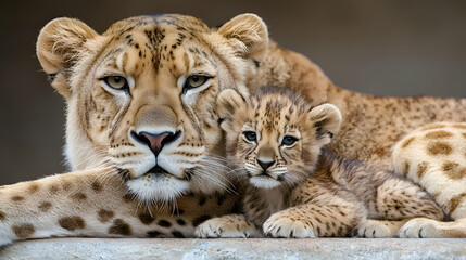 Obraz premium Lioness and Cub Resting Together Closeup Wildlife Portrait