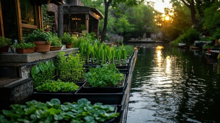 Lush Green Plants Are Growing Alongside the Calm Water