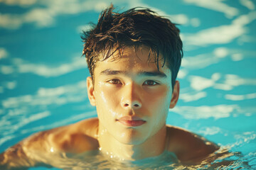 A young man relaxes in a swimming pool, enjoying a refreshing summer day. The sunlight casts a warm glow on the water.