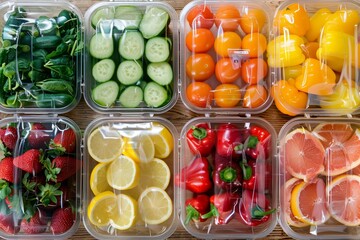 Fresh fruits and veggies in clear containers display vibrant colors, exploring the different stages of packaging fresh produce