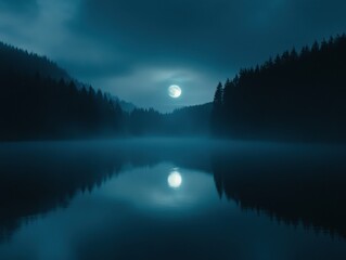 Fototapeta premium Serene moonlit lake surrounded by dark forest trees reflecting in calm water creating a tranquil night scene