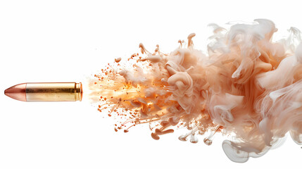 A bullet in motion with a cloud of smoke behind it on a white background in a studio shot