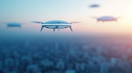 Naklejka premium Delivery Delivery drones flying over a cityscape, representing the future of logistics and transportation.