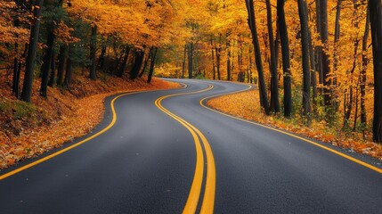 Fototapeta premium Curve A winding road curving through a forest during autumn, with trees changing colors.
