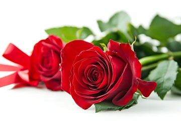 Two Elegant Blooming Red Roses with Ribbon on a Clean White Background Closeup