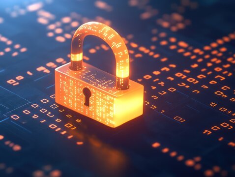 A premium digital payment security icon with a glowing lock and encrypted binary code in the background realism