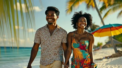 Tropical beach romance with a happy couple holding hands