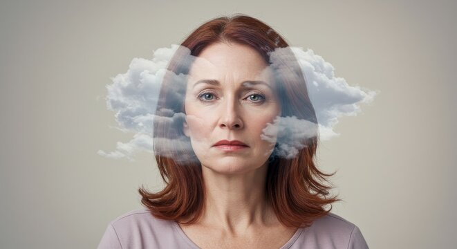 Menopause Brain Fog: A Woman's Struggle with Memory Loss and Anxiety - Woman experiencing menopause brain fog, memory loss, and anxiety. Clouds symbolize mental confusion, forgetfulness