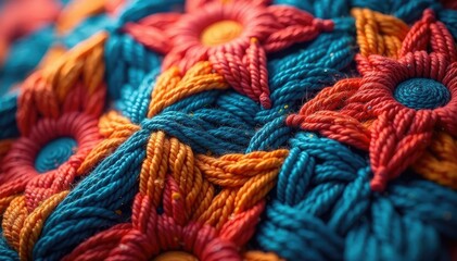 Intricate woven textile closeup showing repeating design, complex, craft, thread