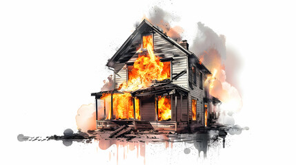 A watercolor style illustration of a two story house engulfed in flames with smoke billowing out