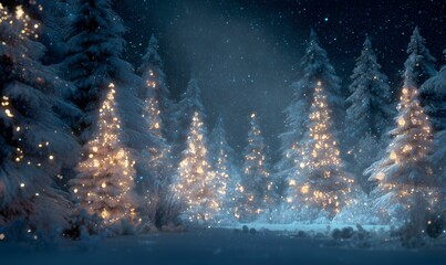 A winter wonderland scene with illuminated christmas trees in a snowy forest at night time