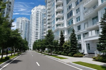 Modern high-rise buildings in the city on a sunny day, with a blue sky, grass on both sides of the road