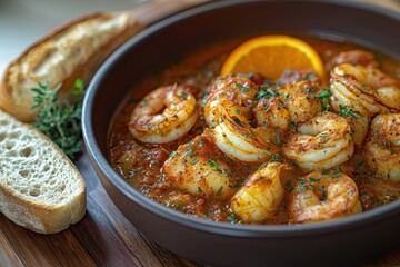 Fototapeta premium Delicious shrimp stew with fresh herbs and citrus garnish in rustic bowl on wooden table