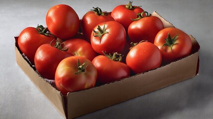 Fresh, plump tomatoes nestled in a cardboard box.