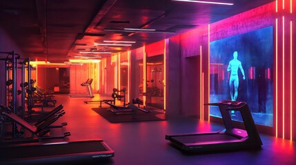 Neon-lit gym interior with treadmills, weight machines, and interactive display.