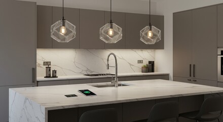 Modern Kitchen Island with Marble and Smart Technology - Sleek kitchen design, marble island, pendant lights, smart home integration, modern appliances. Symbolizing: luxury, technology, , efficiency
