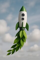 A creative and symbolic illustration of a rocket launching with green leaves trailing as its flames, representing eco-friendly innovation, sustainable growth, and environmentally conscious startups