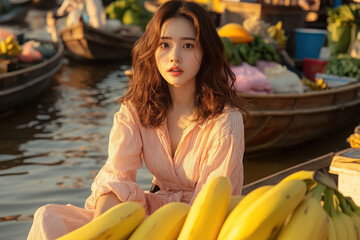 A young woman sits beside fresh bananas at a vibrant market, surrounded by boats filled with produce, capturing a lively cultural scene.
