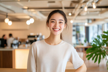 A young woman smiles brightly in a modern cafe, exemplifying joy and confidence in a stylish and vibrant environment.