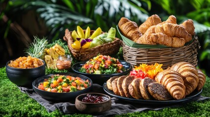 Exquisite gourmet breakfast spread with croissants fruit salad jam and pastries in lush garden setting