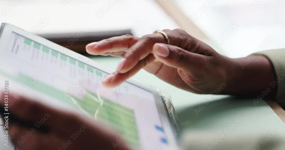 Aufkleber Hands, tablet and screen with graphs, statistics and review for company sales or data analysis in office. Tech, ux and person for report of profit, finance and revenue with ui and business analytics