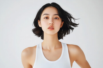 A young woman with flowing hair poses confidently in a light tank top, embodying modern elegance and a carefree spirit.
