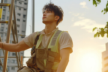 A young worker in safety gear gazes thoughtfully during sunset, reflecting on his day's work in a construction environment.