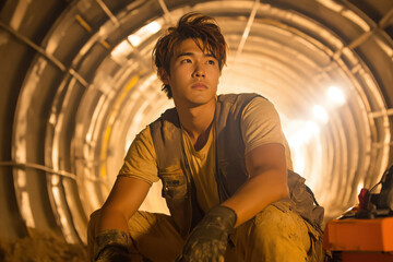A young worker in protective gear resting in a dimly lit tunnel, showcasing the hard work and determination in industrial environments.