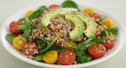 Salad with spinach tomatoes avocado and quinoa on a white plate.