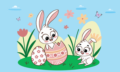Cute cartoon easter bunny with colorful eggs and spring flowers for a happy holiday card