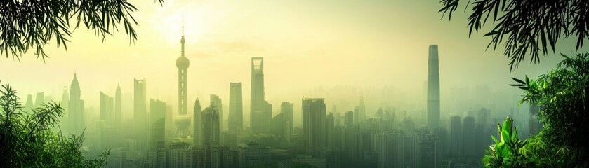 Obraz premium Skyscrapers in the distant cityscape with bamboo in the foreground