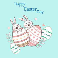 Happy spring holiday card with a cute pink cartoon baby bunny, flowers, and decorated Easter eggs