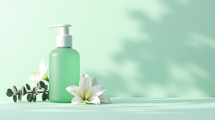 green cylindrical glass bottle in modern sans-serif font, placed on a pale seafoam background