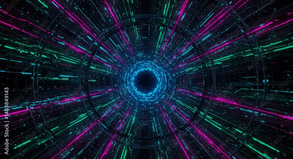 Wall mural neon lines tunnel - abstract of a vibrant neon tunnel with glowing lines and a dark background. perf